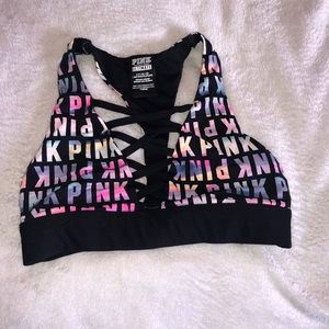 PINK logo cross cross sports bra